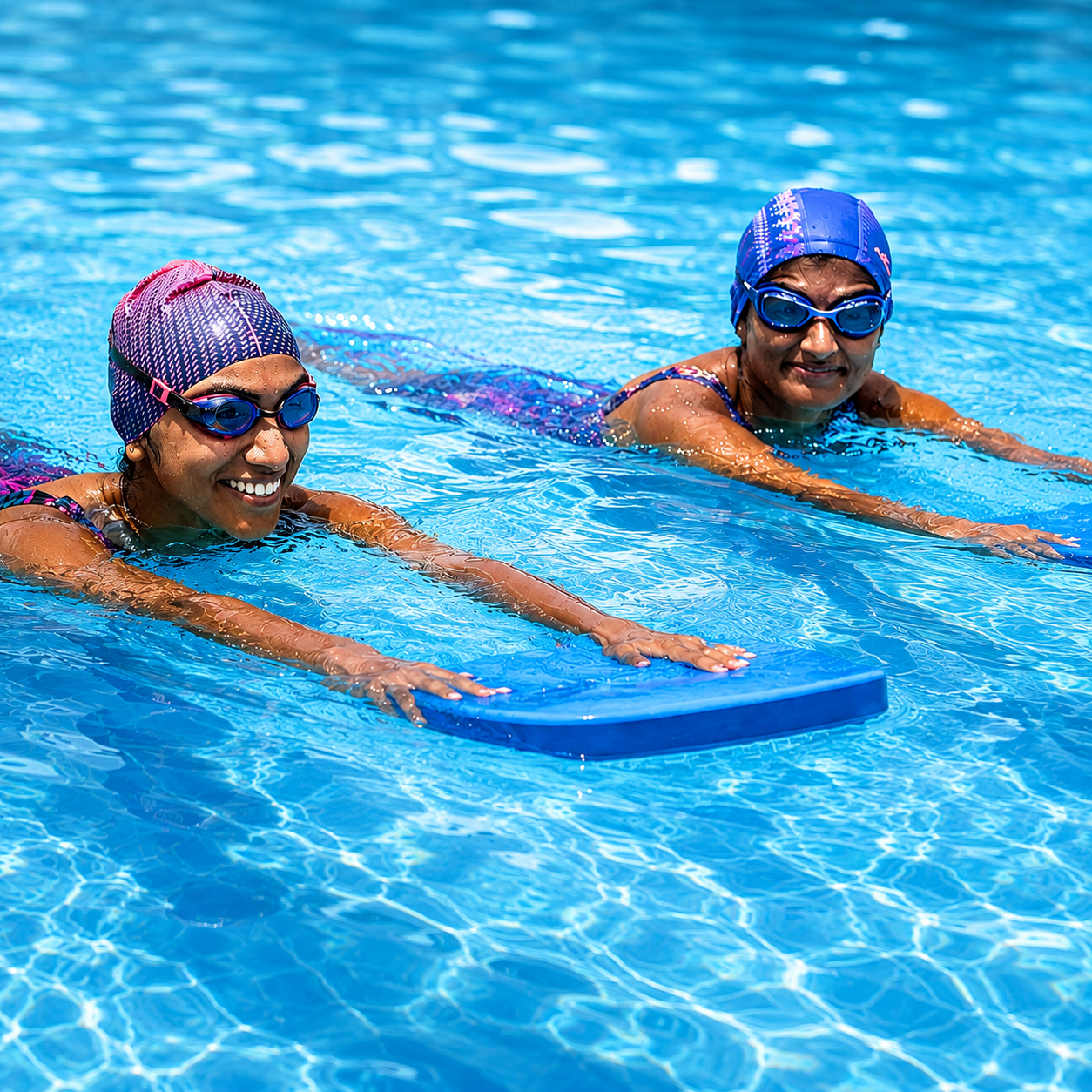 qp bright kickboard swim in turquoise water